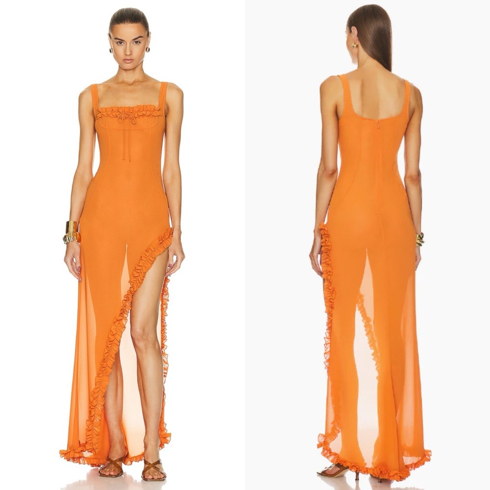 HELSA Sheer Ruffled Long Orange Dress - Picture 12 of 12